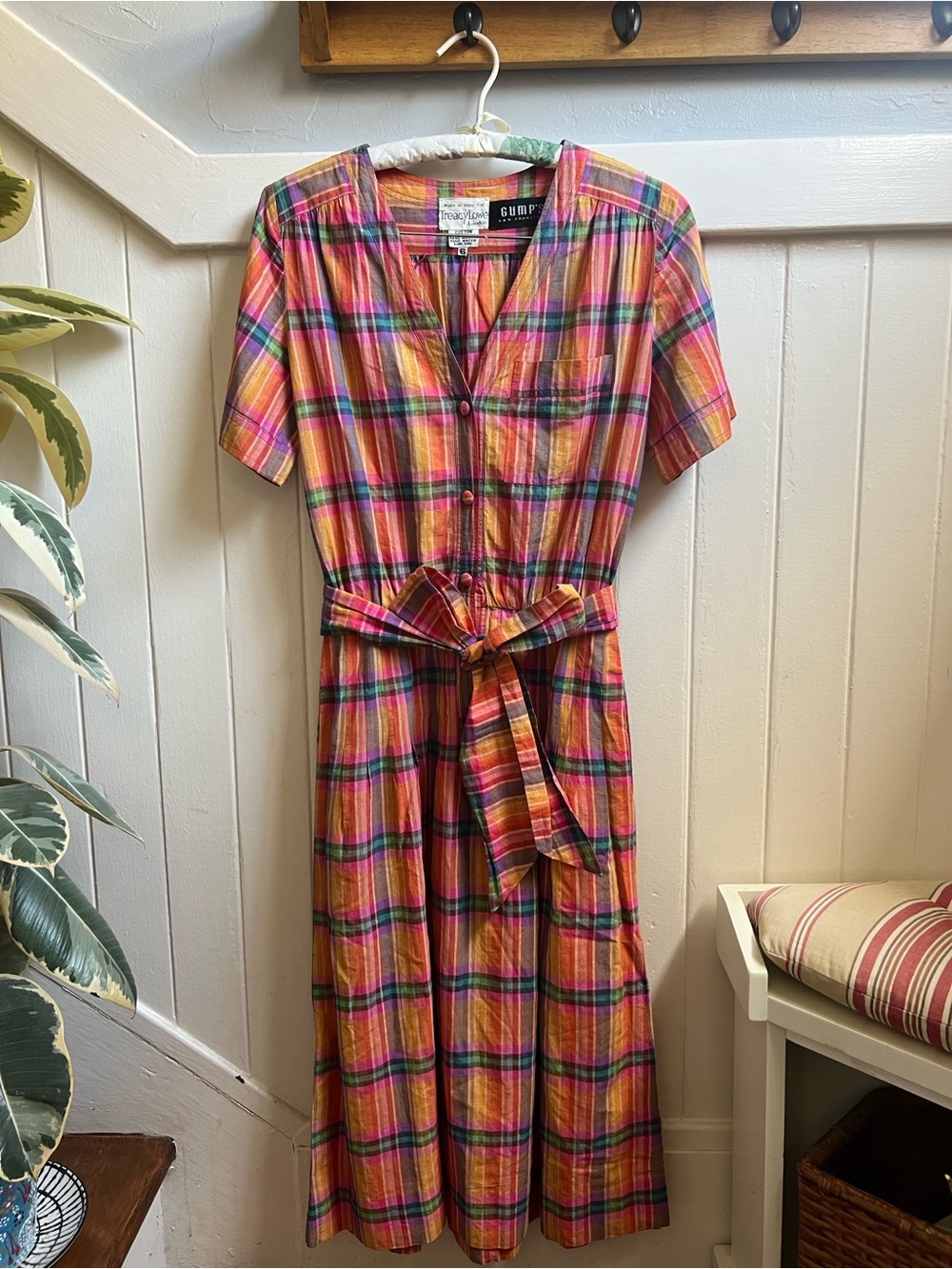 Vintage Treacy Lowe London Gump’s San Francisco 100% Cotton Plaid Shirt Dress